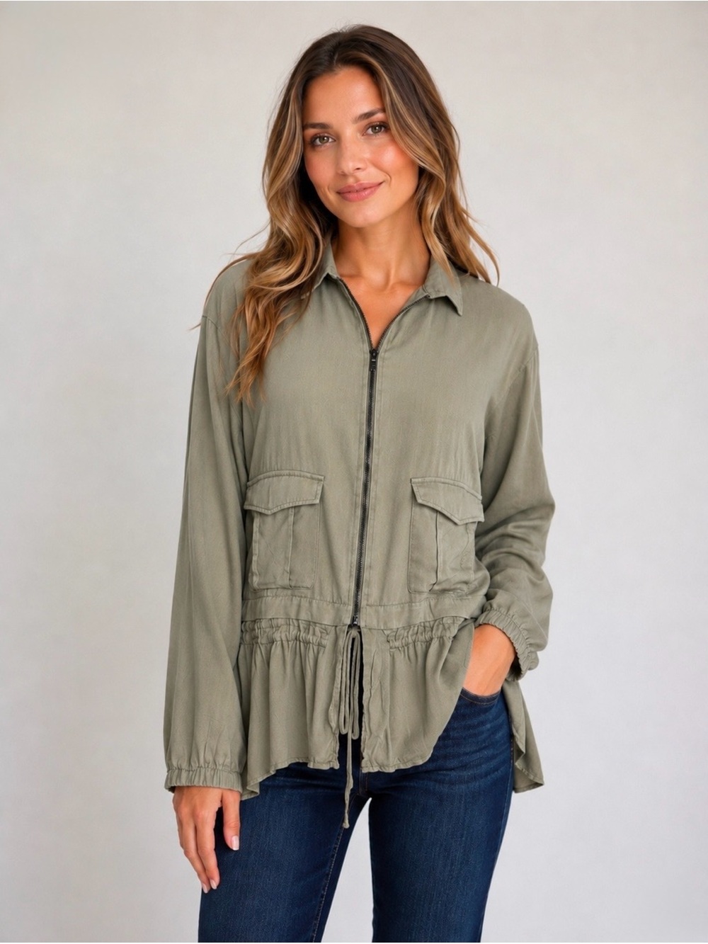 Kori America Women’s L Khaki Utility Jacket 100% Rayon Zip Front Drawstring